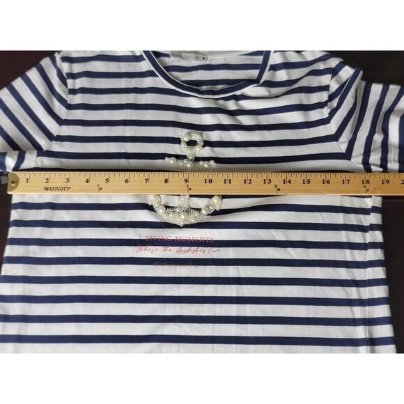 Zara Diving Moments Pearls‎ Anchor Sea Shirt Striped Round Neck Women's Small - Picture 7 of 9